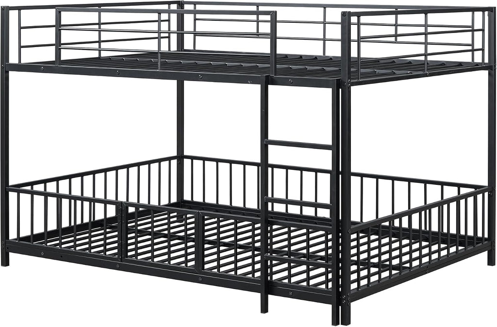 JIVOIT Metal Bunk Bed Frame with Slide and Ladder, Full Over Full Bunk Bed Size with Metal Slats Support, Full-Length Guardrail, Heavy Duty Metal Low Bunk Bed, No Box Spring Needed (Black,Full,09)