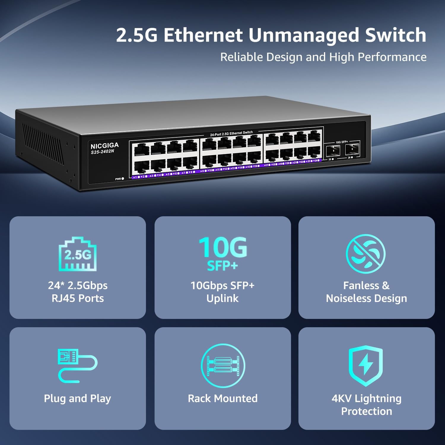 24 Port 2.5Gb + 2 Port 10Gb SFP+ Ethernet Switch, NICGIGA 26 Port 2.5G Network Switch Unmanaged, Plug & Play, Desktop or 19-inch Rack Mount, Fanless Metal Design.