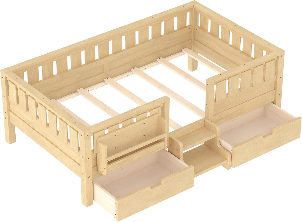 Bellemave Twin Size Kids Montessori Bed with Stairs and Bookshelf,Solid Wood Twin Size Kids Bed Frame with Drawers and Storage for Girls Boys,Low-Profile,Light Natural
