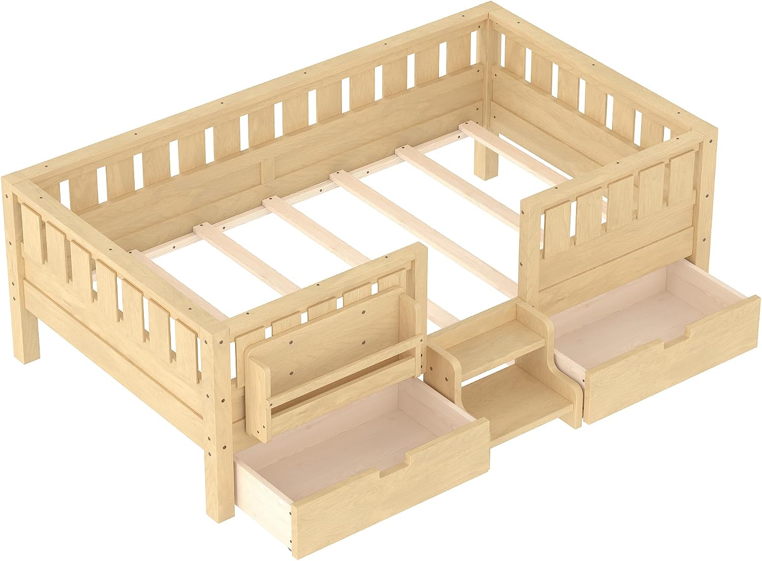 Bellemave Twin Size Kids Montessori Bed with Stairs and Bookshelf,Solid Wood Twin Size Kids Bed Frame with Drawers and Storage for Girls Boys,Low-Profile,Light Natural