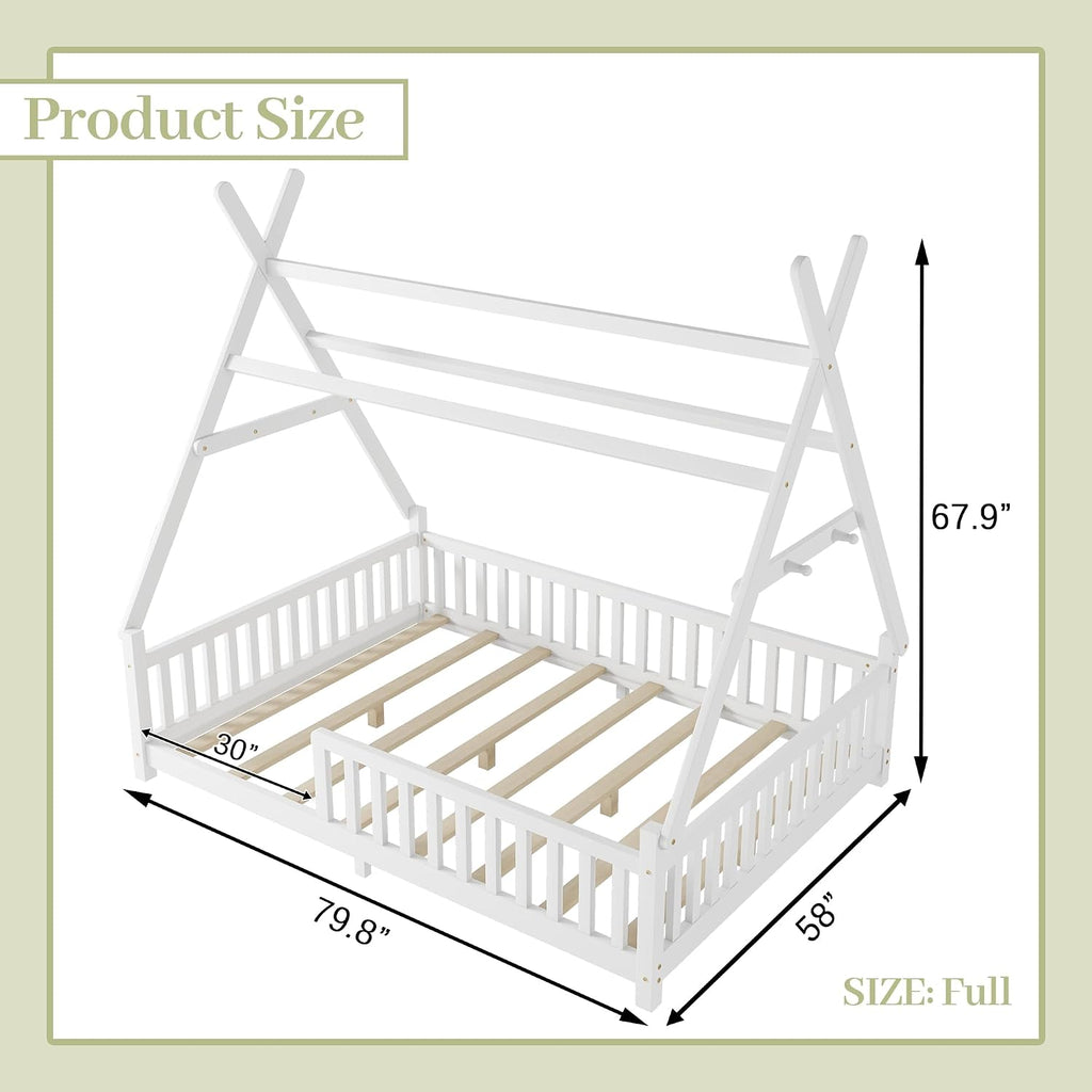 Full Montessori Kids Floor Bed with Rails and LED Light, Low Full Beds Frame with Fence and Removable Roof, Wood Montessori Floor Bed Frame for Kids, Girls, Boys, White