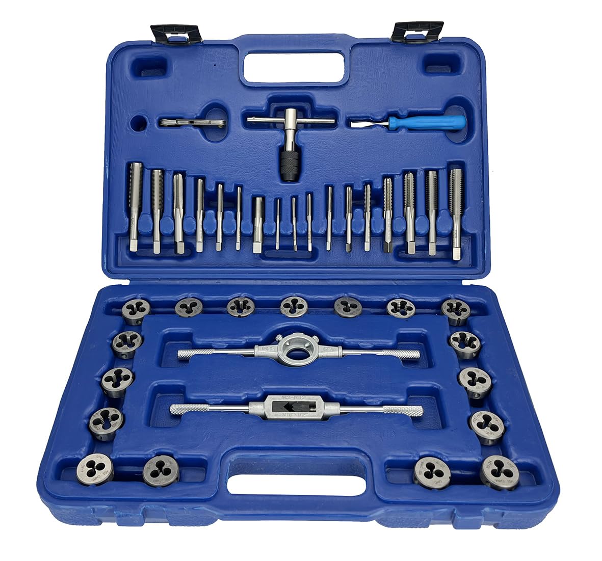 Drill America 39 Piece NC NF HSS Round Tap and Die Set (#4-1/2) with 1 OD Round Dies and Handles