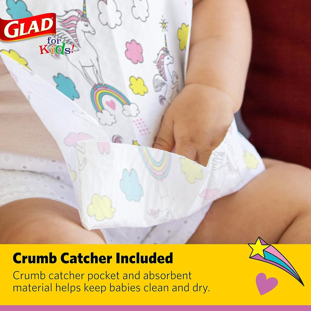 Glad for Kids Unicorn Disposable Paper Bibs with Crumb Catcher, Absorbent Leakproof Bibs for Toddlers and Babies, Mess Free Feeding, Crafts, Parties, and Travel Use, 30 Count - 24 Pack