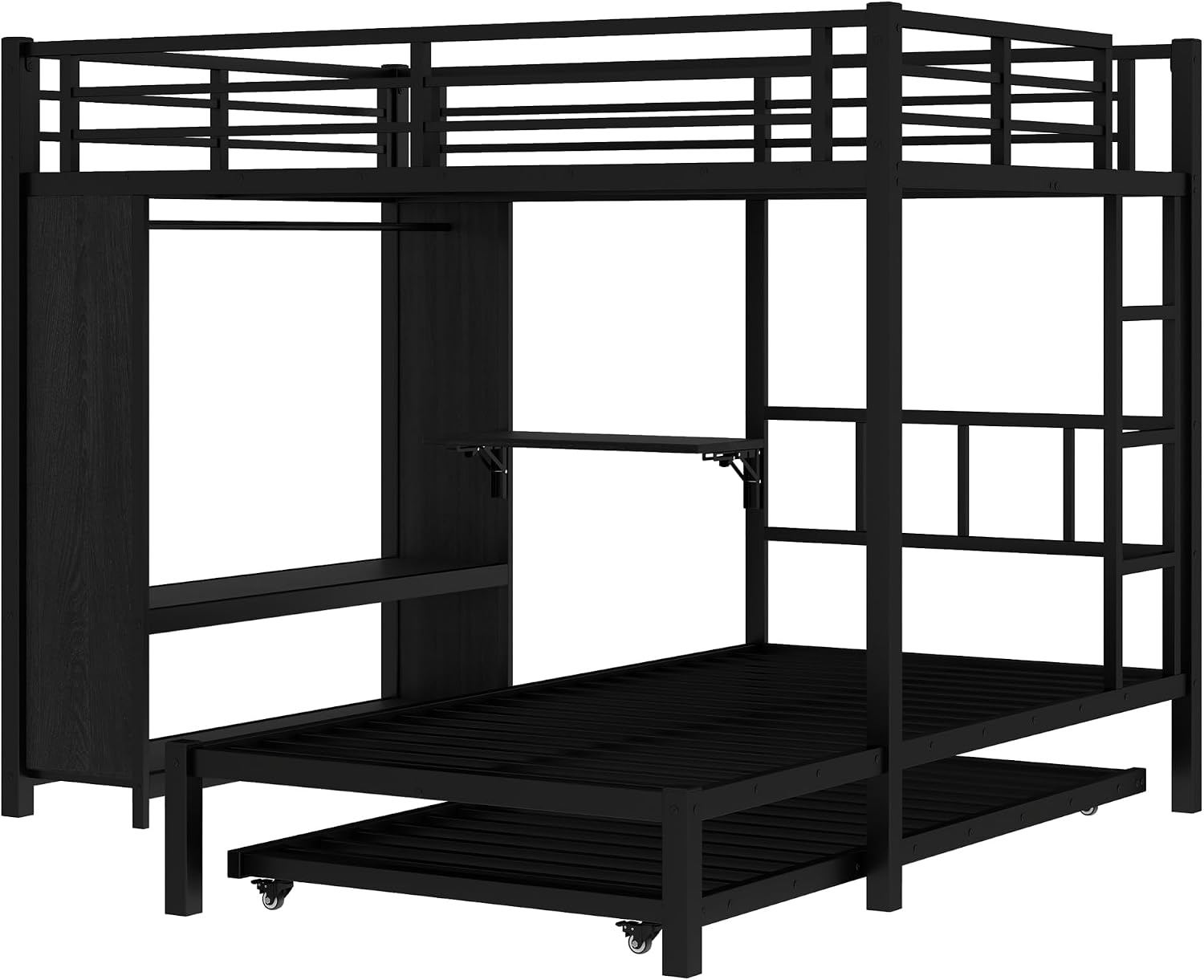JIVOIT Metal Bunk Bed with Trundle, Full Over Twin Bunk Bed with Foldable Desk, Built-in Wardrobe, Ladders and Safety Guard, Noise-Reduced Design, Space-Saving, No Box Spring Needed