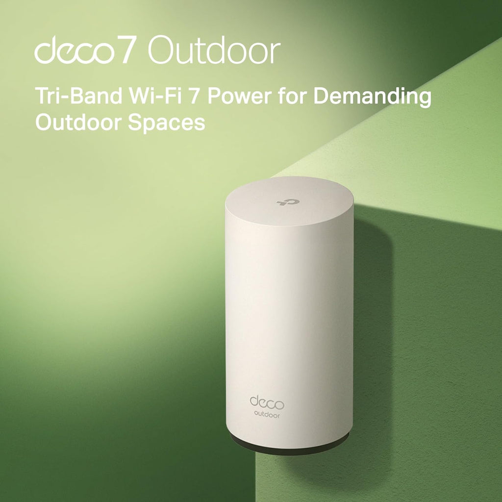 TP-Link Deco 7 Outdoor BE65 BE11000 Tri-Band Wi-Fi 7 Mesh Extender | Up to 3,000 sq.ft, 2 * 2.5G PoE+ Ports, IP65 Waterproof | Multiple Mount Options | 6 GHz, MLO, Homeshield, 320 MHz, AI-Roaming