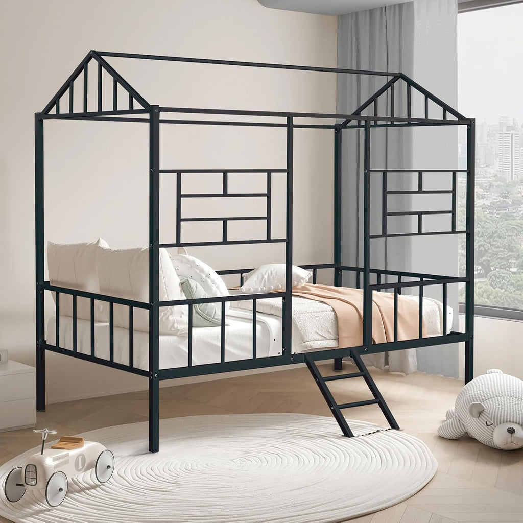 GOWE Black Finish Twin Bunk Bed Contemporary Style House Design with Full Metal Construction and Angled Ladder