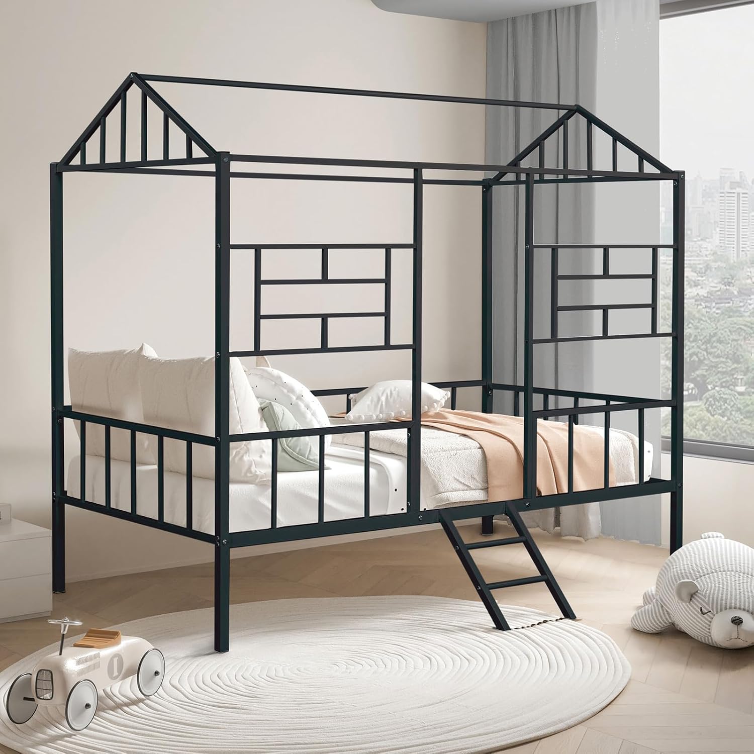 GOWE Black Finish Twin Bunk Bed Contemporary Style House Design with Full Metal Construction and Angled Ladder