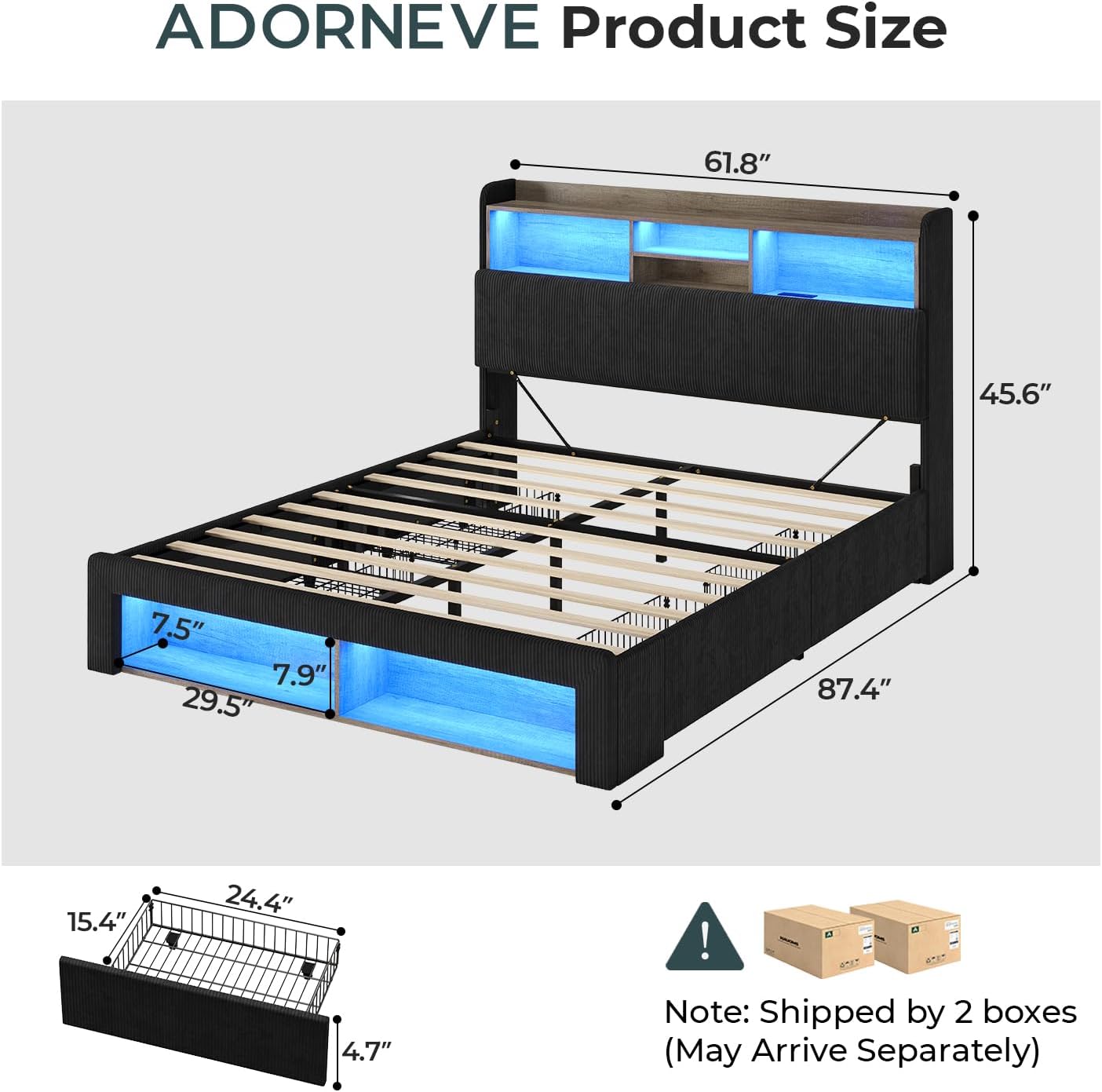 ADORNEVE Queen Bed Frame with 4 Storage Drawers, 2 Footboard Cubbies and RGB Lights, Corduroy Upholstered Platform Bed with Charging Station and Storage Headboard, No Box Spring Needed, Black
