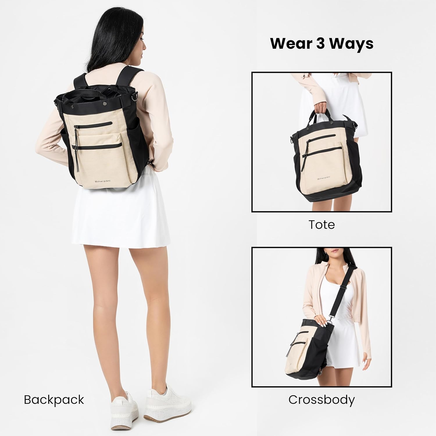 Sherpani Soleil, Anti Theft Convertible Backpack, 3 in 1 Tote, Crossbody Purse, 18L Travel Bag, Fits 13' Laptop (Straw Pro)