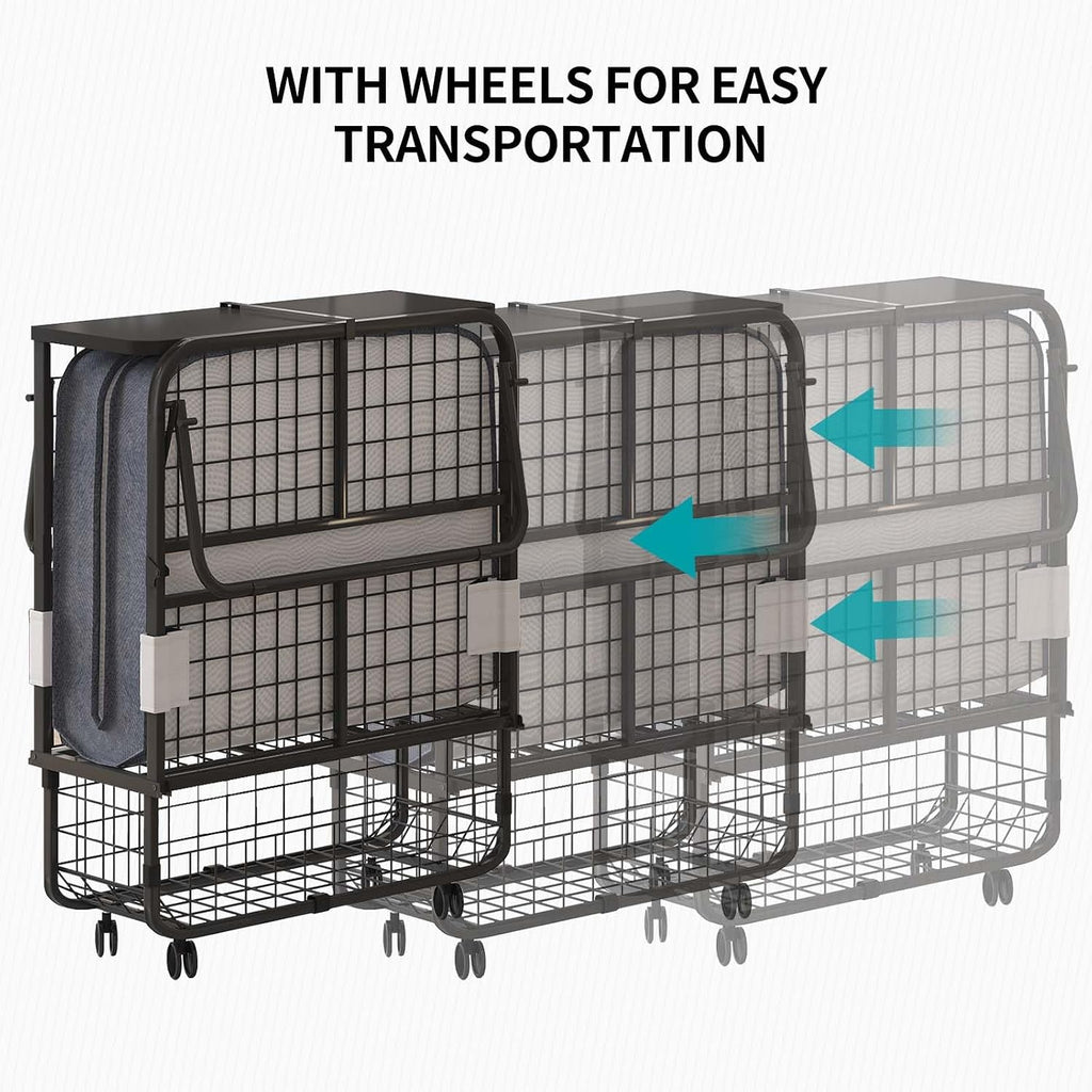 BALUS Folding Bed with Mattress for Adults, 75' x 31' Rollaway Bed with Head Baffle & Mesh Storage Basket, Fold Up Beds for Guests, Foldable Frame with Locking Casters for Easy Moving（Upgrade）