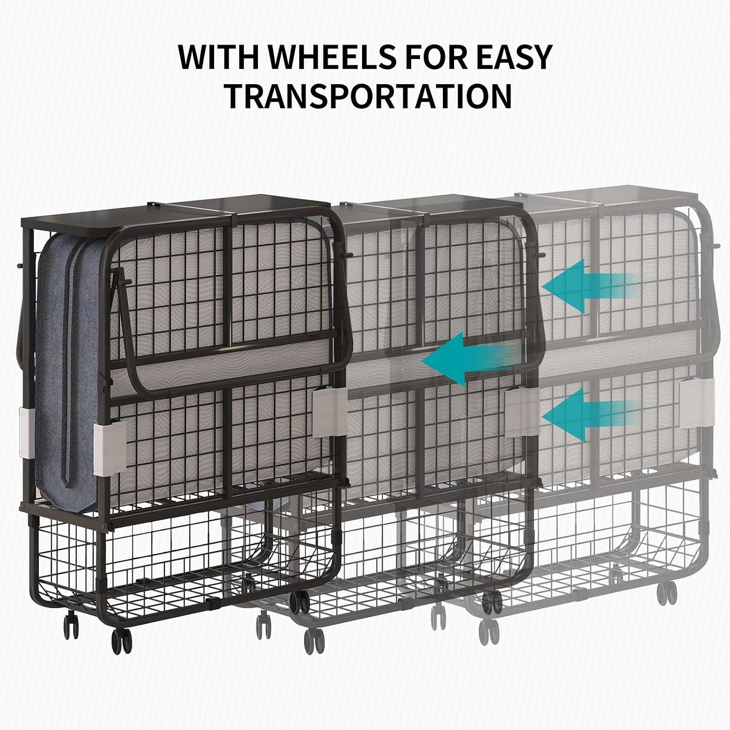 BALUS Folding Bed with Mattress for Adults, 75' x 31' Rollaway Bed with Head Baffle & Mesh Storage Basket, Fold Up Beds for Guests, Foldable Frame with Locking Casters for Easy Moving（Upgrade）