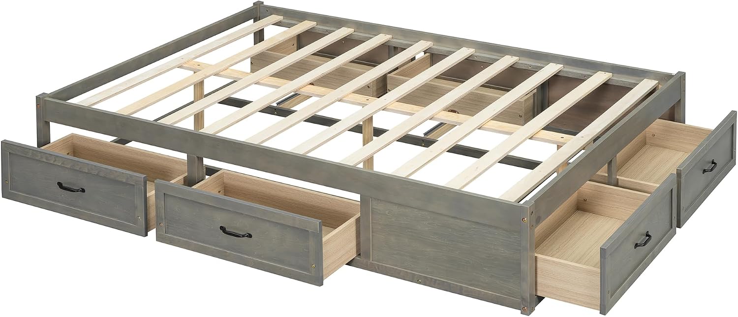 Full Size Wooden Platform Bed with 6 Storage Drawers, No Box Spring Needed (Antique Gray, Full)