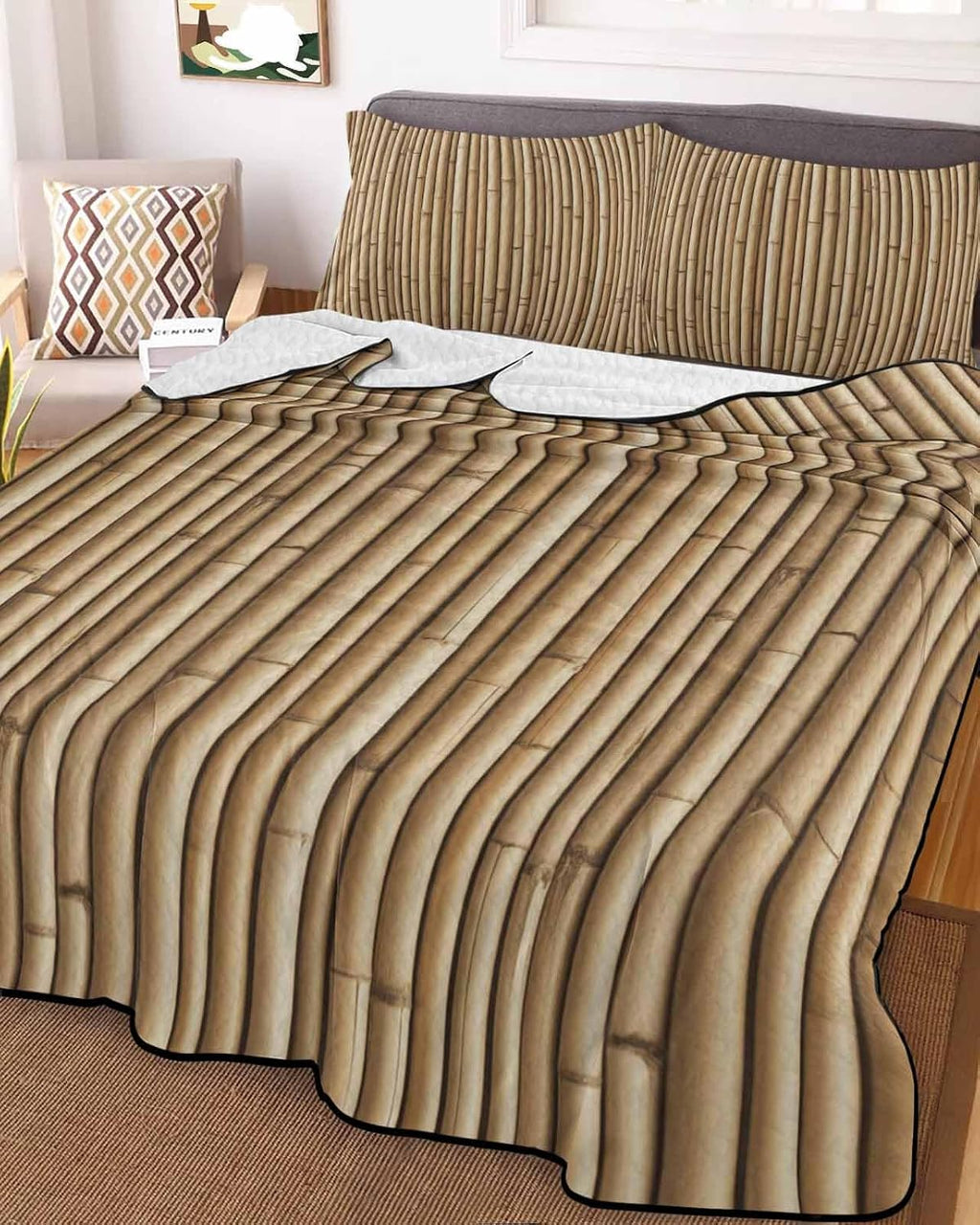 Quilt King Size Bedding Set, Country Farmhouse Lightweight Summer Quilt 3 Pieces Bedding Sets, Vintage Plants Lines Pattern Brown Reversible Bedspreads Coverlets with 2 Pillow Shams for All Season