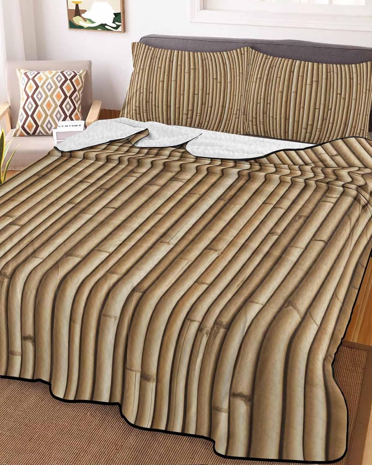 Quilt King Size Bedding Set, Country Farmhouse Lightweight Summer Quilt 3 Pieces Bedding Sets, Vintage Plants Lines Pattern Brown Reversible Bedspreads Coverlets with 2 Pillow Shams for All Season
