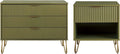 Manhattan Comfort DUMBO 2 Piece Modern Set, 3 Drawer Dresser, 1 Drawer Nightstand with Fluted Ribbed Front, Gold Metal Legs, No Tool Assembly, Storage Cabinet for Bedroom or Living Room in Olive Green