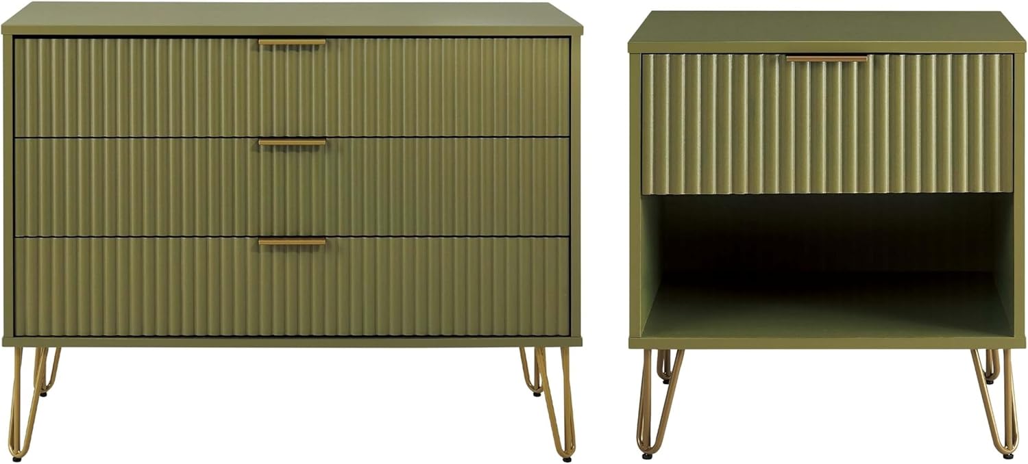 Manhattan Comfort DUMBO 2 Piece Modern Set, 3 Drawer Dresser, 1 Drawer Nightstand with Fluted Ribbed Front, Gold Metal Legs, No Tool Assembly, Storage Cabinet for Bedroom or Living Room in Olive Green