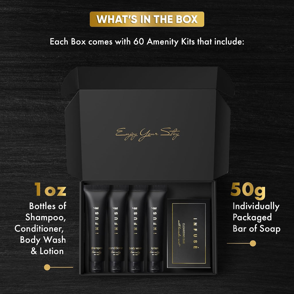 Infuse Black Amenity Kit | Boxed Hotel Toiletries | Bulk Set 1 oz Travel Size Shampoo, Conditioner, Lotion, Body Wash & Cleansing Bar for Guest Hospitality Hotel/Vacation Rentals | 300 Pieces