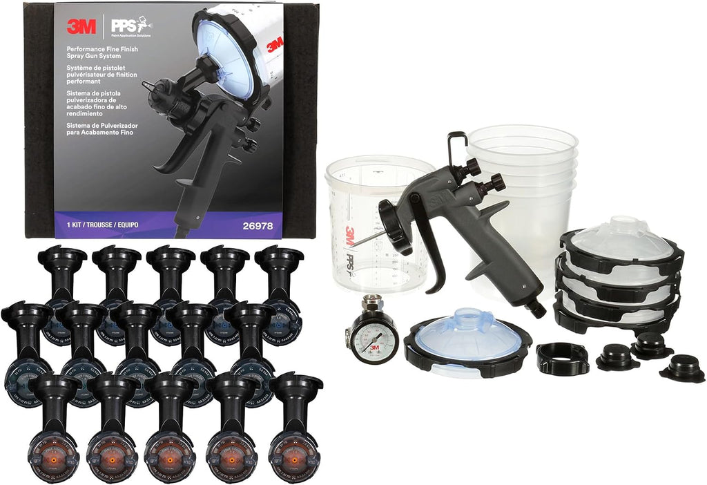3M Performance Fine Finish Spray Gun System 26978, Includes PPS 2.0 Cup System, 15 Replaceable Gravity Fine Finish HVLP Atomizing Heads, Air Control Valve