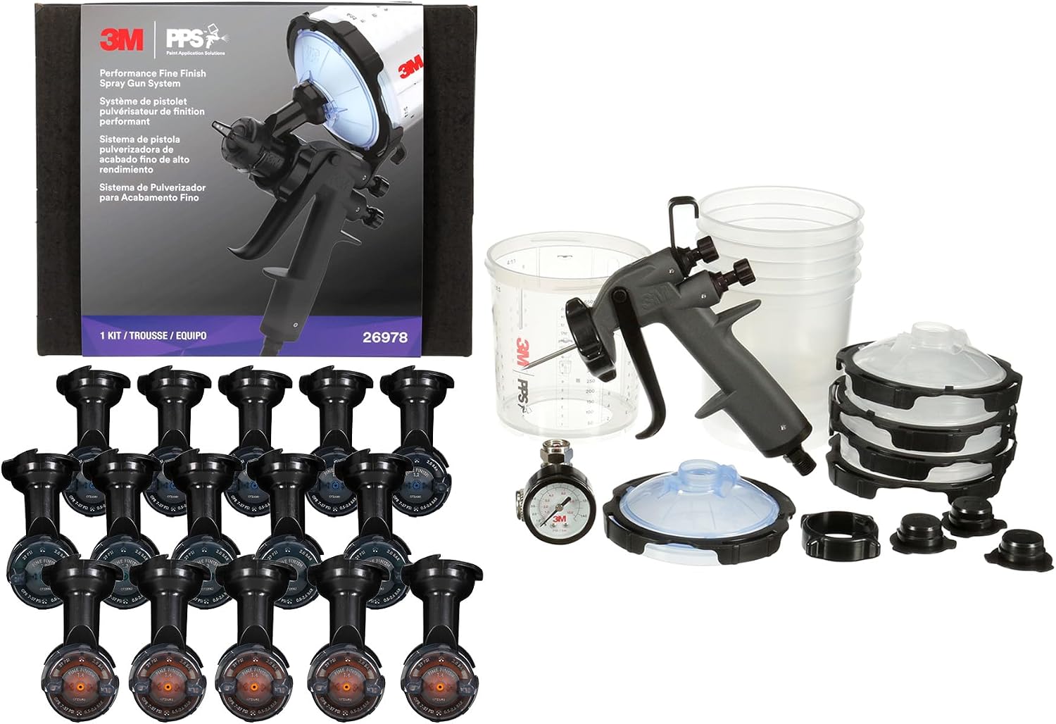 3M Performance Fine Finish Spray Gun System 26978, Includes PPS 2.0 Cup System, 15 Replaceable Gravity Fine Finish HVLP Atomizing Heads, Air Control Valve