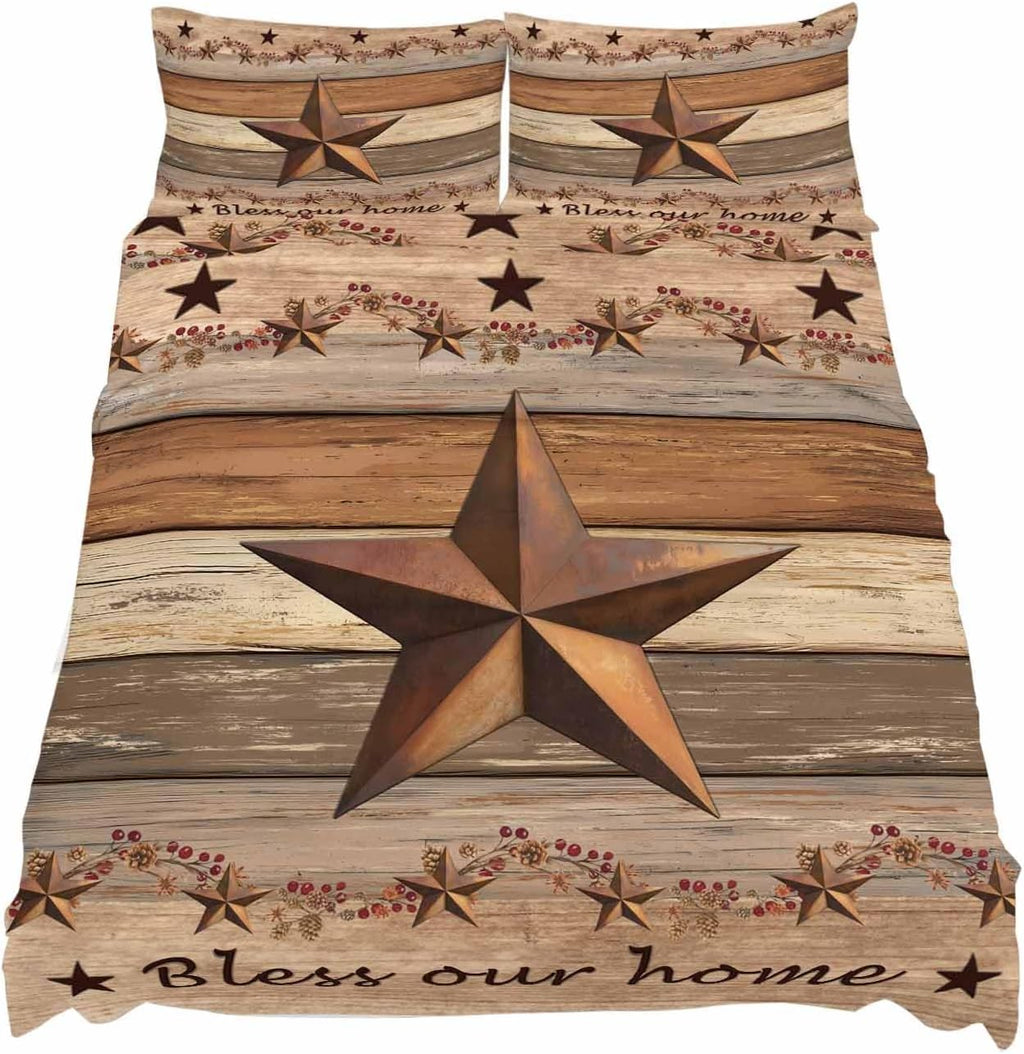 Western Texas Star Retro Cal King Sheet Set 4 Piece Bedding - Vintage Farmhouse Berry Brown Wood Breathable Comfy Cooling Bed Sheets & Pillowcase Sets, Hotel Flat Sheets Deep Pockets Fitted Sheet