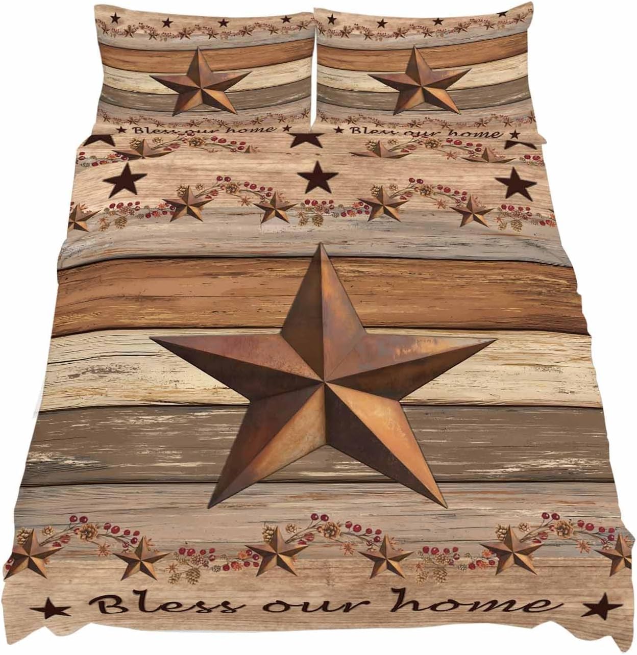 Western Texas Star Retro Cal King Sheet Set 4 Piece Bedding - Vintage Farmhouse Berry Brown Wood Breathable Comfy Cooling Bed Sheets & Pillowcase Sets, Hotel Flat Sheets Deep Pockets Fitted Sheet