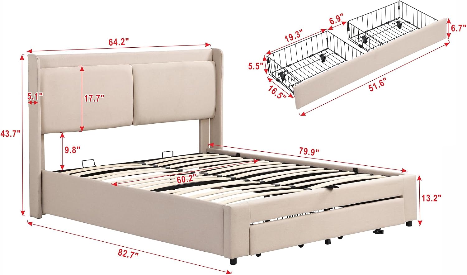 Queen Size Lift Up Storage Bed with Storage Ottoman, Queen Bed Frame with Tufted Headboard/Hydraulic Storage, 2-Pieces Queen Bedroom Sets, Easy Assembly, Pink(Beige with Drawer,Queen)