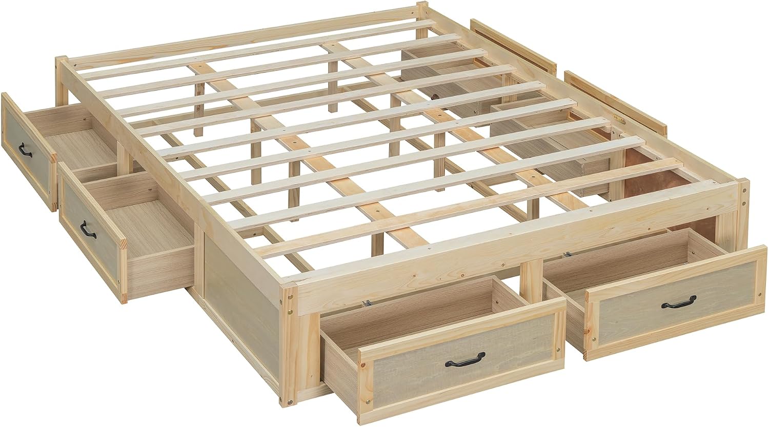 Queen Size Wooden Platform Bed with 6 Storage Drawers, No Box Spring Needed (Antique Natural, Queen)