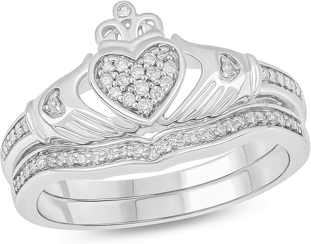Cali Trove 1/5 Ct Natural Diamonds Wedding Sets | 925 Sterling Silver & Vermeil Irish Claddagh Rings | Crown Heart Bridal Set for Women | Engagement Rings with Matching Band | Silver Jewelry Gifts