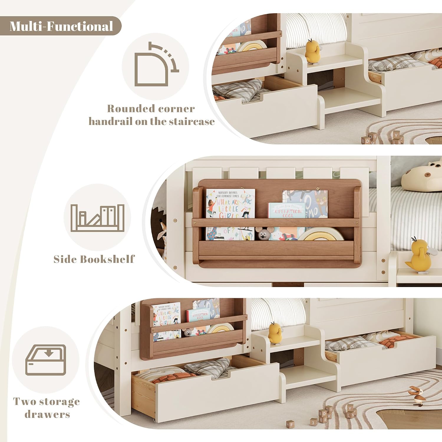 Bellemave Queen Size Kids Montessori Bed with Stairs and Bookshelf,Solid Wood Queen Size Kids Bed Frame with Drawers and Storage for Girls Boys,Low-Profile,Beige