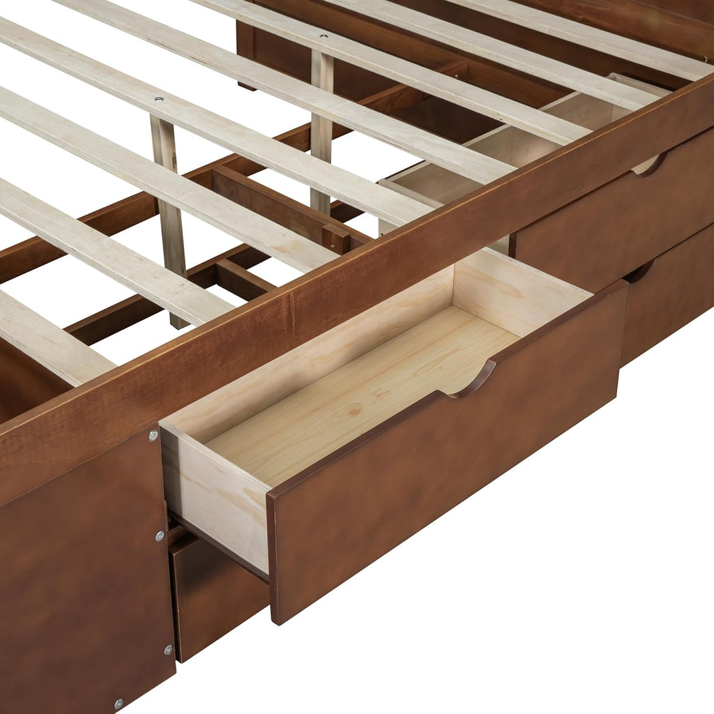 Full Size Daybed with 4 Pull-Out Drawers and 3 Functioning Shelves,Solid Wood Day Bed Frame with Wooden Slats Support for Bedroom,No Box Spring Required (Walnut-AB41)