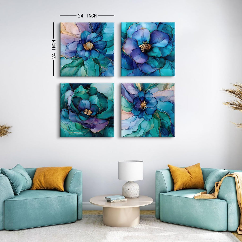 Abstract Wall Art Teal Blue and Gold Pictures Wall Decor Turquoise Floral Painting Colorful Flower Canvas Prints Poster Modern Abstract Artwork for Bedroom Living Room Home Decoration 24x24' 4Pcs