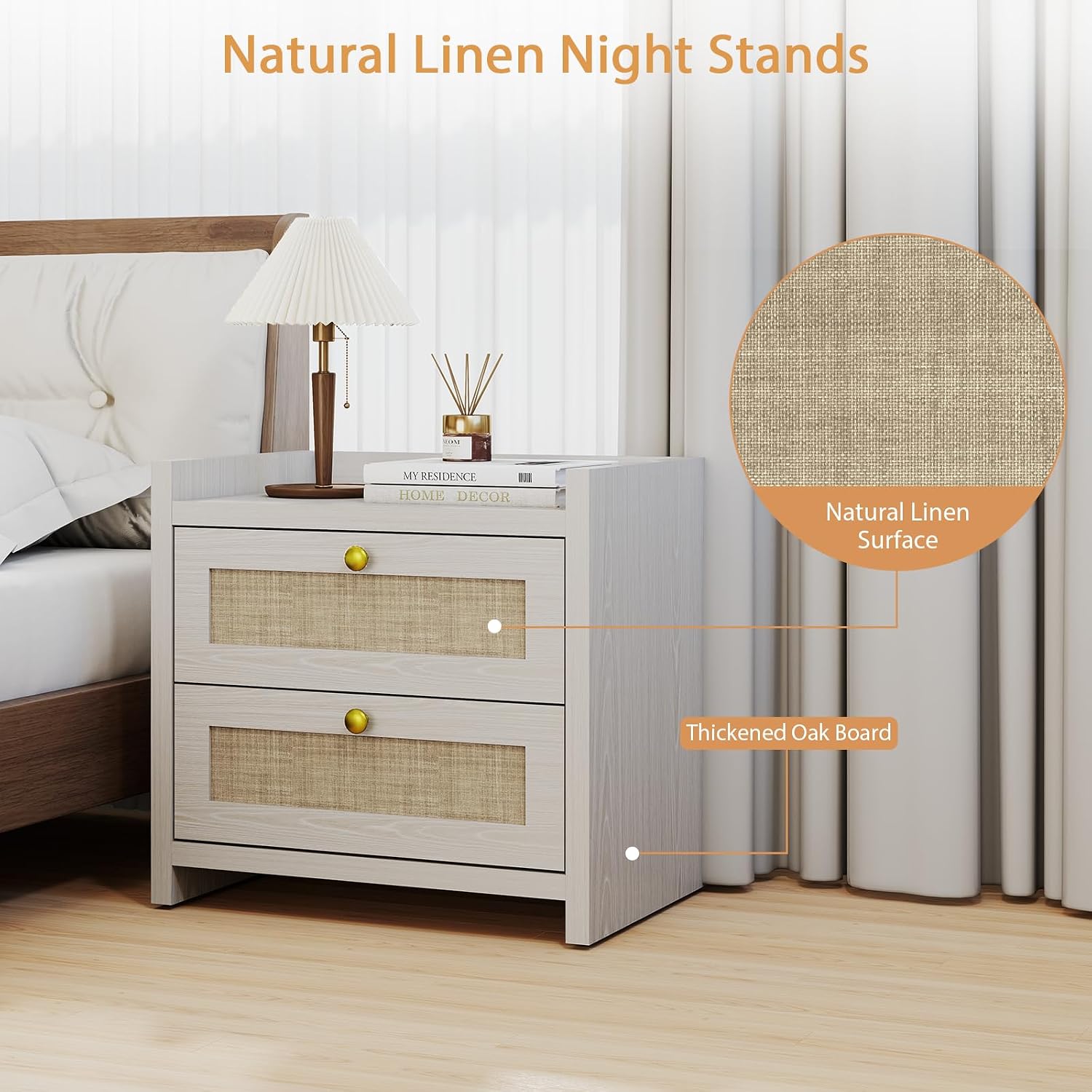 LubanNese 23.6' Nightstand Set of 2, Boho Wooden Bedside Table with Charging Station for Bedroom, Farmhouse Rustic Large Wide Night Stands with 2 Soft Close Drawers, Beige Ash