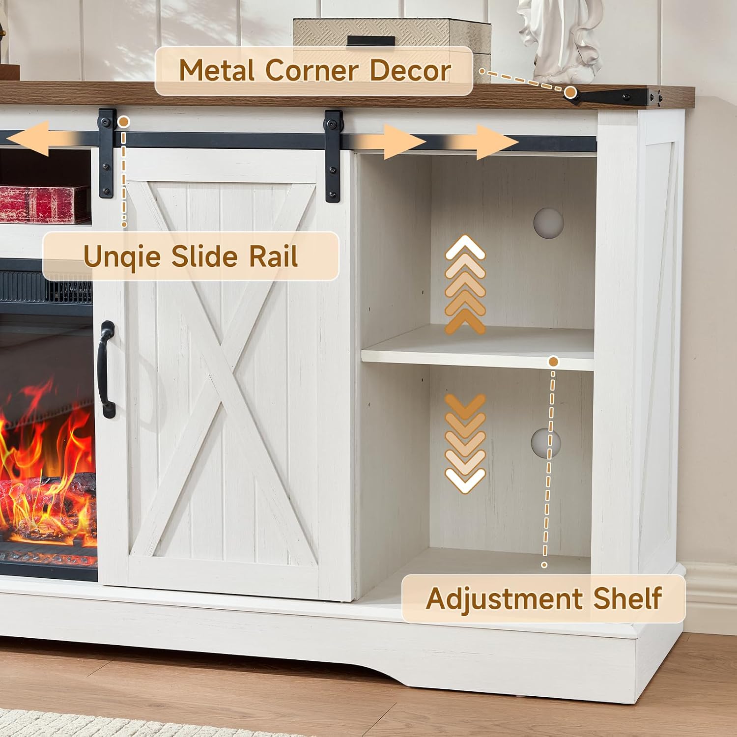 ROCKPOINT 58' Fireplace TV Stand for TV up to 65 Inch with Farmhouse Tall Sliding Barn Doors, Entertainment Center with Storage Cabinet, 23' Electric Fireplace with Remote, White
