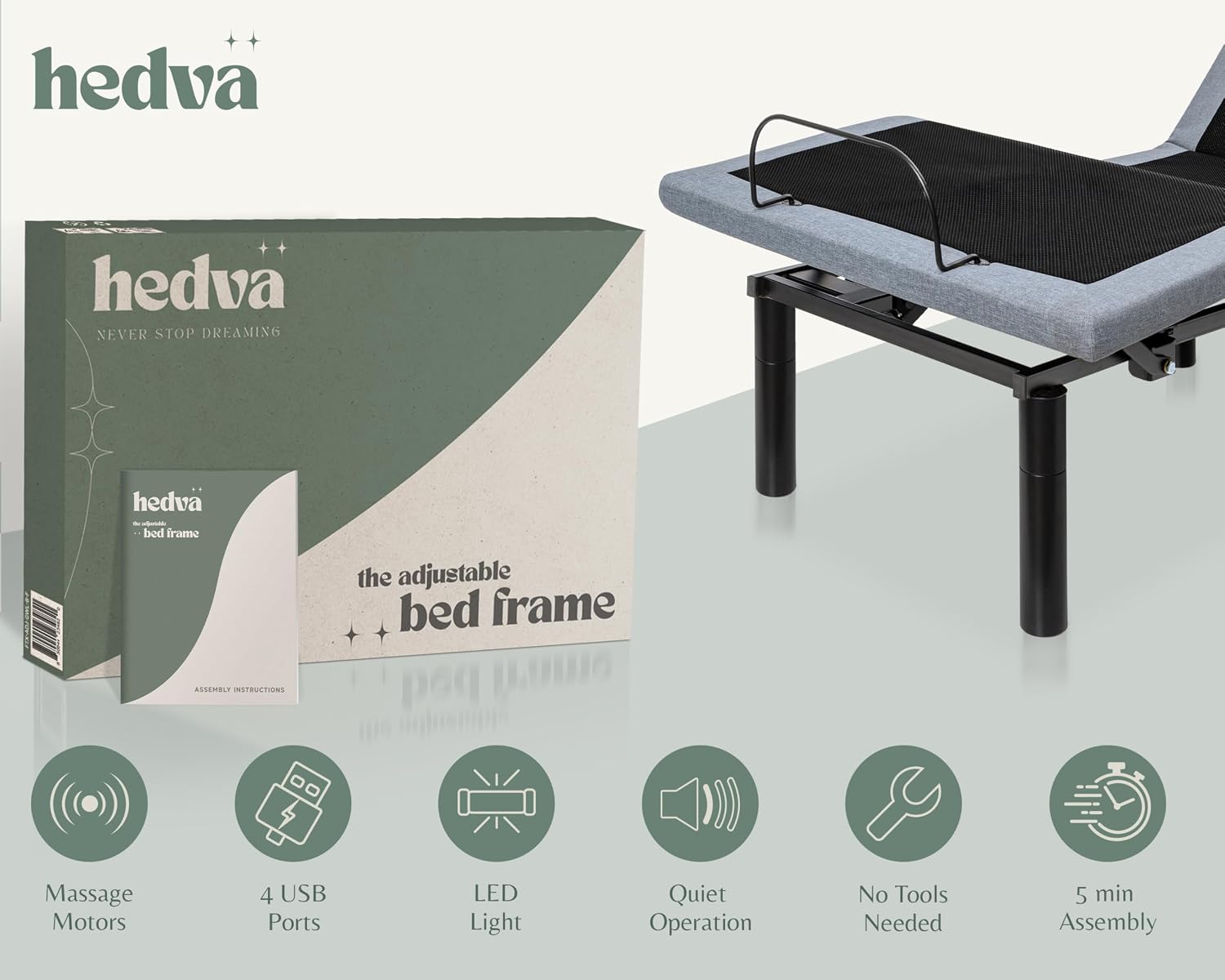 Hedva Adjustable Bed Frame with Massage Motors, 4 USB Ports, LED Light, 5-Minute Assembly, Multiple Preset Positions for Ultimate Comfort, Wireless Remote Control Adjustable Bed (Black, Twin XL)