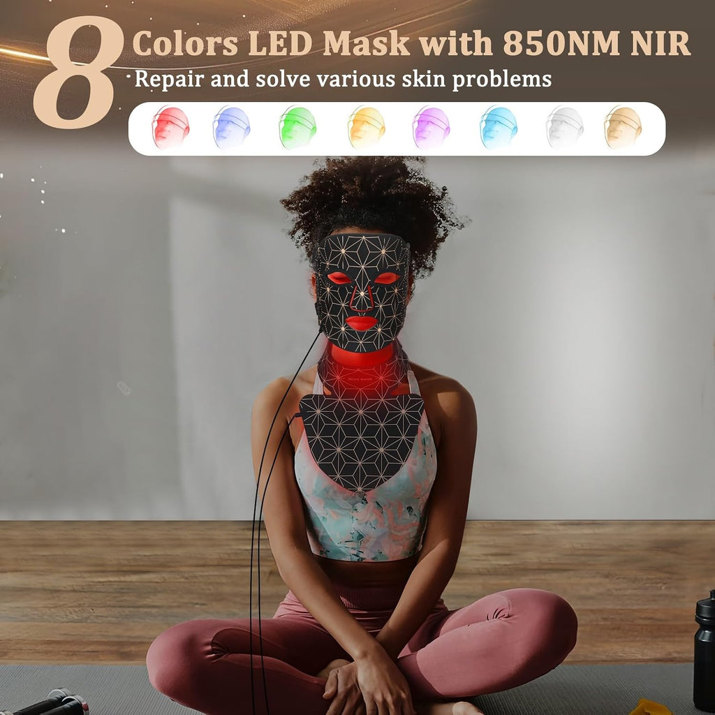 Red Light Therapy for Face and Neck, 8 Colors LED Face Mask Light Therapy with 850NM Near Infrared, 3000 mAh Rechargeable 6-In-1 Red Light Therapy Mask Set Skin Care Device for Skin Rejuvenation