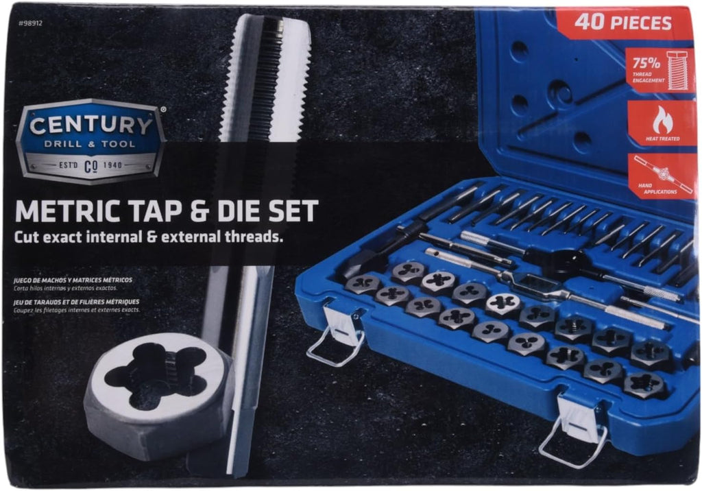 Century Drill & Tool Metric Tap and Die Set, 40 Pc Heat Treated for Durability Hand Cutting Taps & Dies Includes Wrenches, Pitch Gauge & More - 98912