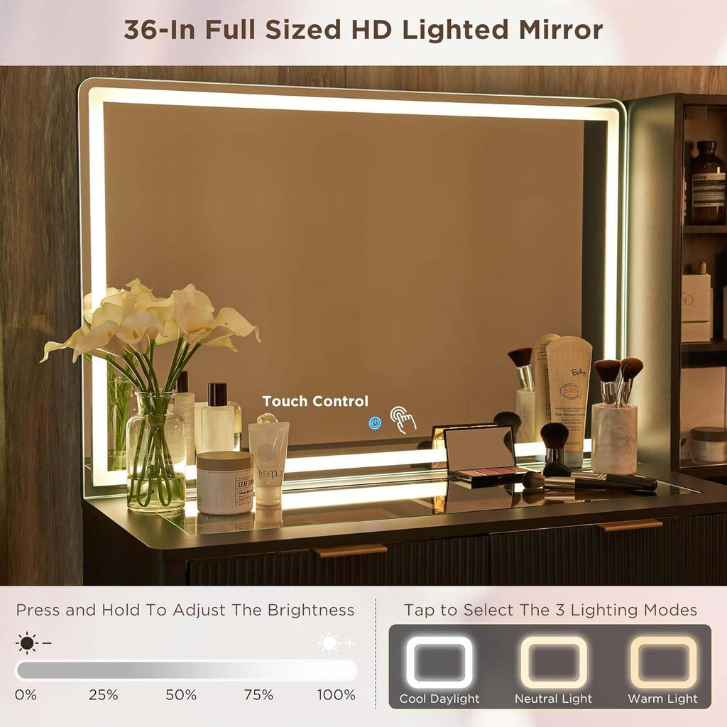 T4TREAM Fluted Makeup Vanity Desk with 36' HD Lighted Mirror, 48' Big Modern Vanity Desk with Mirror and Lights, Dressing Table with 5 Drawers & Shelves, Glass Top for Bedroom, Dark Grey