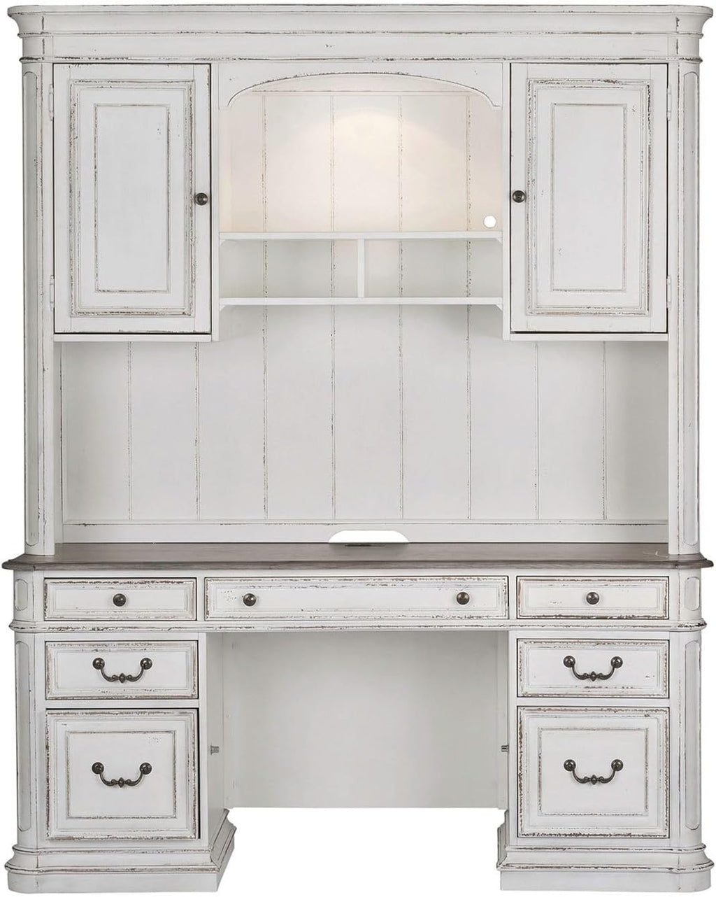 Liberty Furniture Magnolia Manor Complete 5 Piece Desk Set for Home Office - Antique White & Weathered Bark