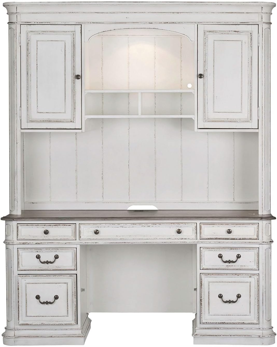 Liberty Furniture Magnolia Manor Complete 5 Piece Desk Set for Home Office - Antique White & Weathered Bark