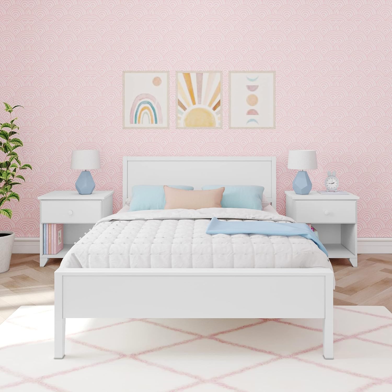 Max & Lily Full Bed, Solid Wood Full Bed Frame with Panel Headboard, Kids Full Bed with Wood Slat Support, No Box Spring Needed, White
