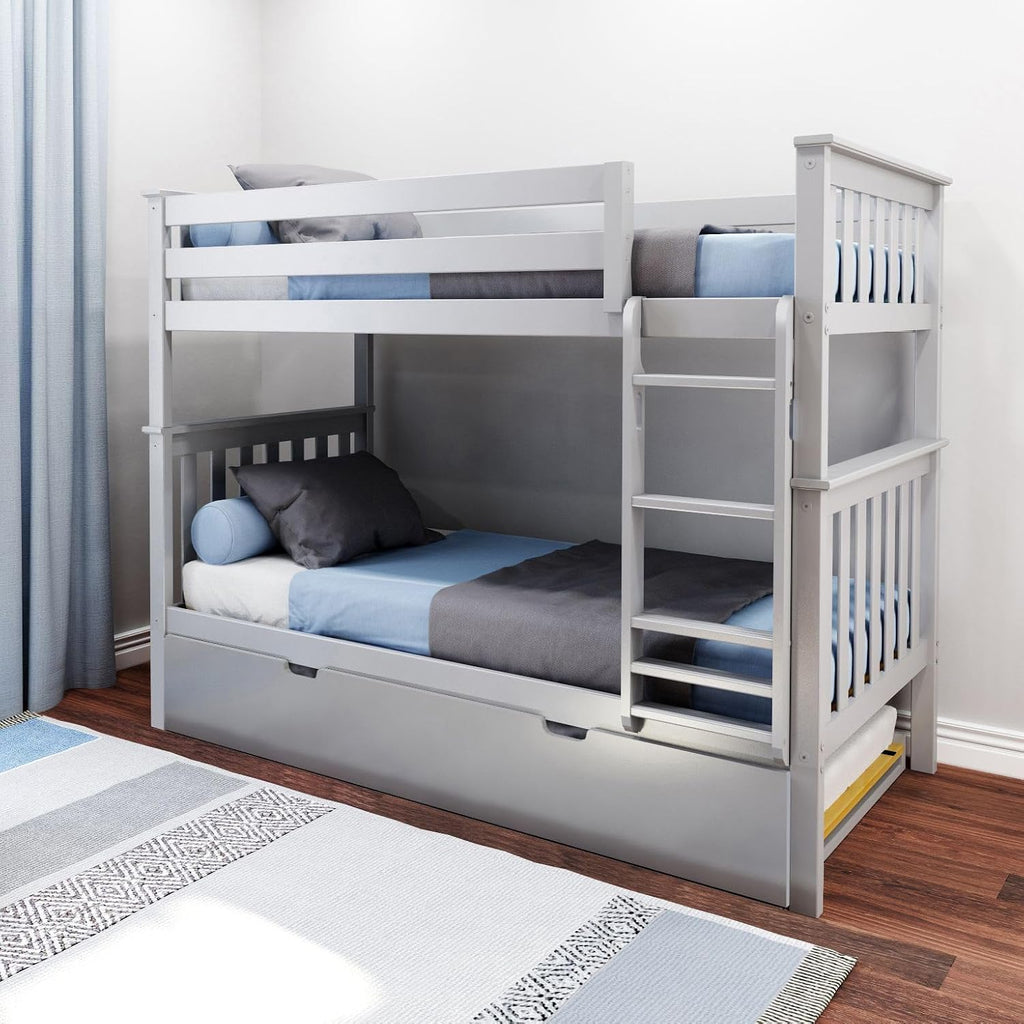 Max & Lily Bunk Bed, Twin-Over-Twin Wood Bed Frame For Kids With Trundle, Grey