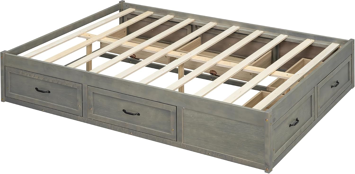 Full Size Wooden Platform Bed with 6 Storage Drawers, No Box Spring Needed (Antique Gray, Full)