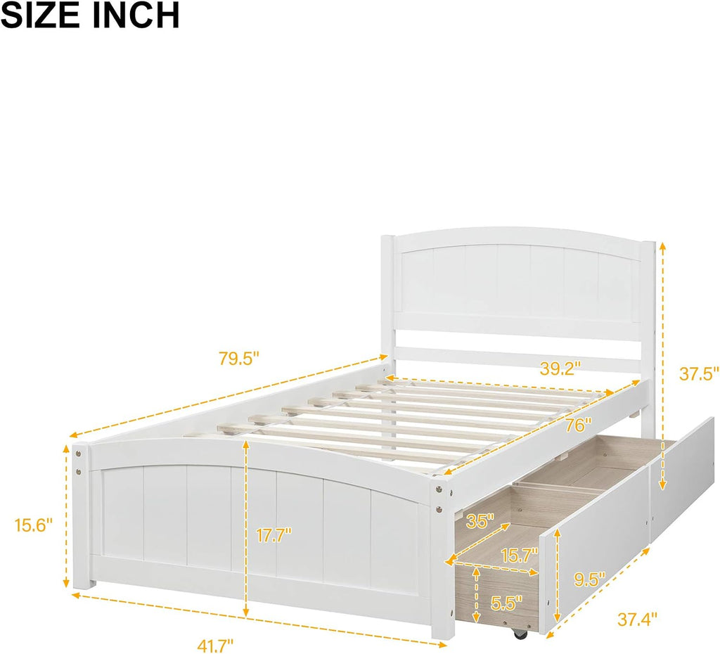 Bellemave Twin Size Platform Bed with 2 Storage Drawers, Solid Wood Twin Bed Frame with Slat Support and Headboard for Kids, Teen, Adults, No Box Spring Needed(Twin, White)