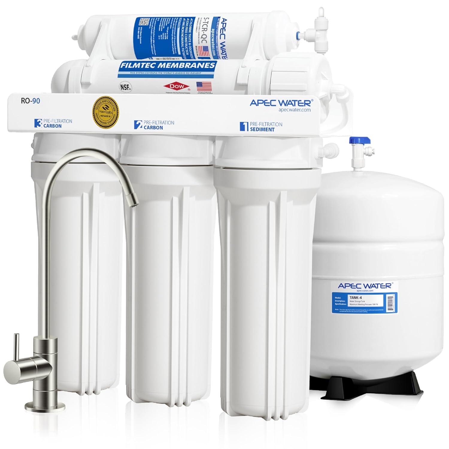 APEC Water RO-90, 5-Stage Under Sink Reverse Osmosis Water Filter System, NSF Certified 372 & 58, 90 GPD, Reduces 99% of Impurities
