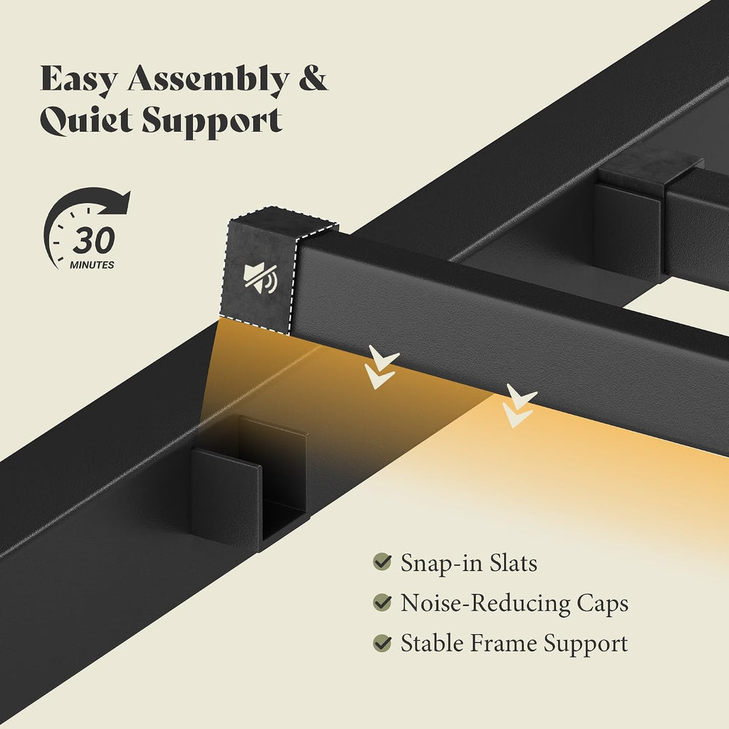AMERLIFE Queen Size Bed Frame with Storage Headboard & Charging Station, Industrial Metal Platform Bed with Large Under-Bed Storage, Heavy Duty Slats, No Box Spring Needed, Black