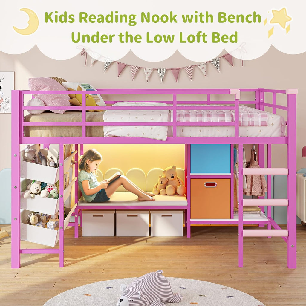 DICTAC Low Twin Size Loft Bed with Reading Corner and Bookshelf,Metal Twin Loft Bed with LED Lights,3 Sling Drawers&2 Movable Storage Bins,loft bed for Kids with 13.98'H Safety Guardrail & Stairs,Pink