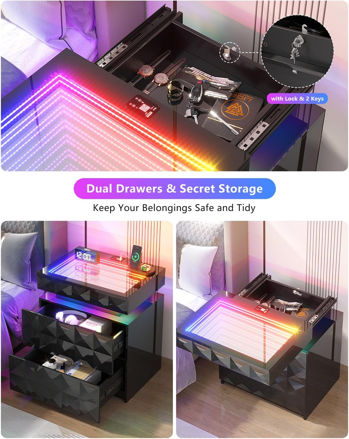 Bedside Table with Charger Station and RGB Lights, Nightstand with 3 Drawers and Sliding Top, Modern Night Stand with Human Body Sensor for Bedroom & Living Room, Black