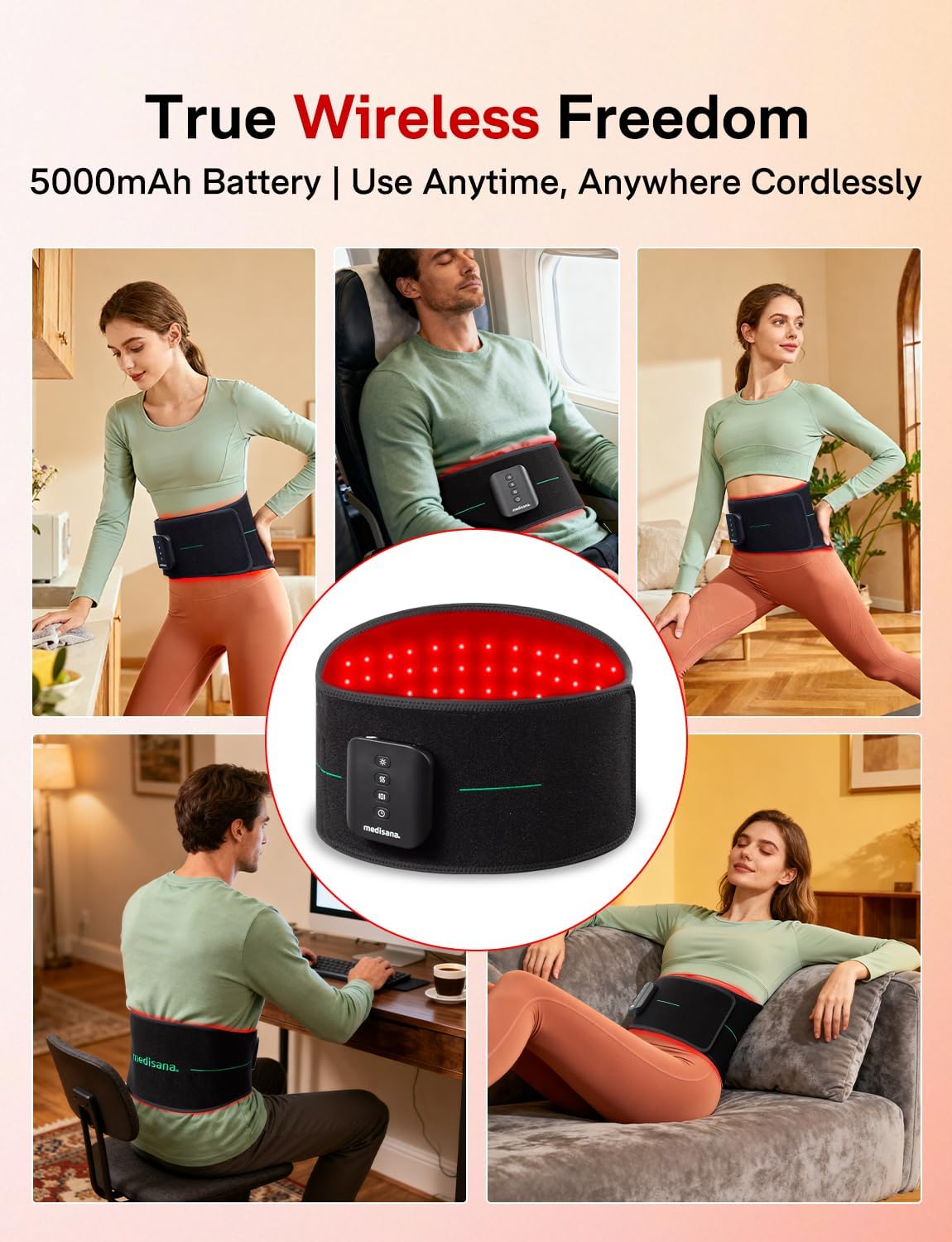 Medisana 3-in-1 Red Light Massager Belt, Heating Pad for Lower Back, Cordless Wearable Near Infrared & Red Light Therapy Belt Back Wrap with Adjustable Heat and Vibration for Lower Back Pain Relief