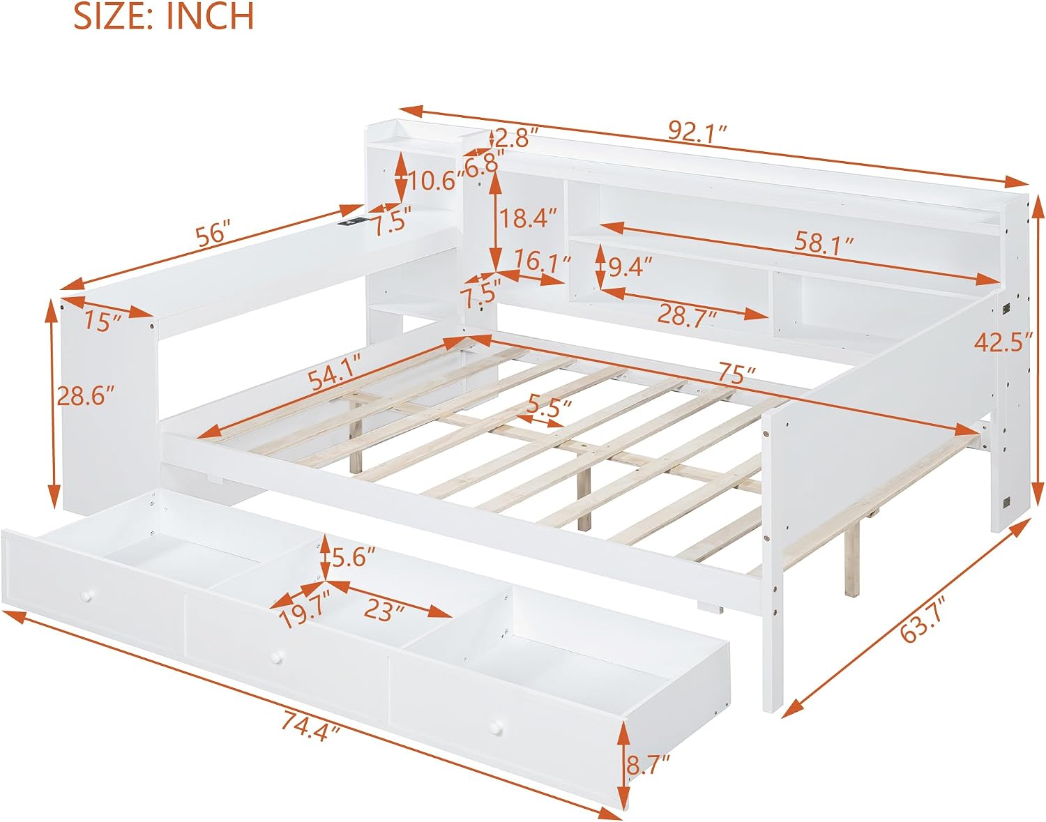 Full Size Daybed with Storage Shelves and Study Desk, Wooden Daybed Sofa Bed Frame with 3 Drawers and USB Ports for Office Living Room Bedroom, Maximize Space (White-22U)