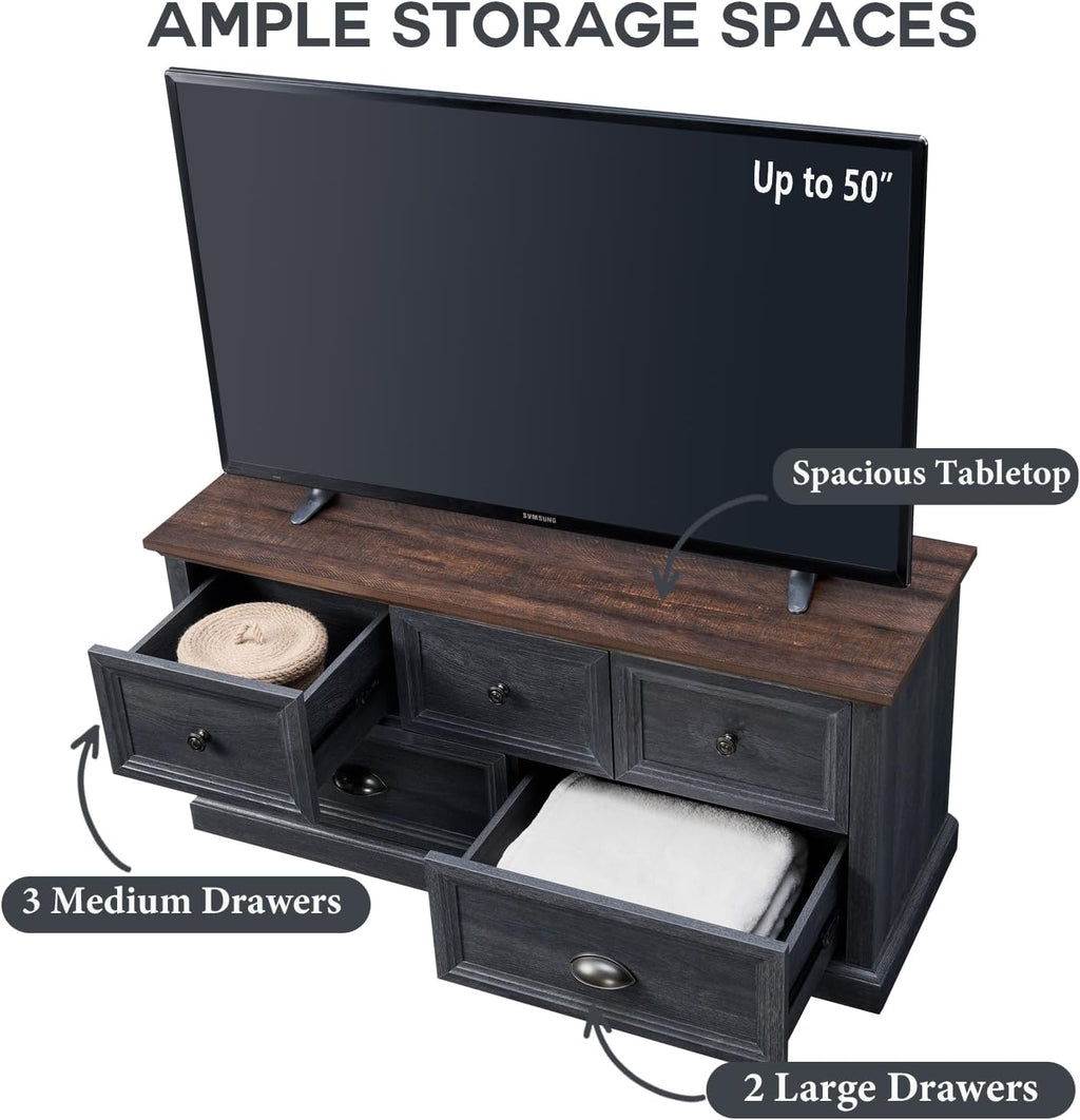 IFGET Farmhouse 5 Drawers Dresser for Bedroom, 45' Wide Chest of Drawers, 21' Tall Storage Closet Bench Storage Chest Storage Trunk, Wood Rustic Dresser for Closet, Living Room, Hallway, Dark Grey